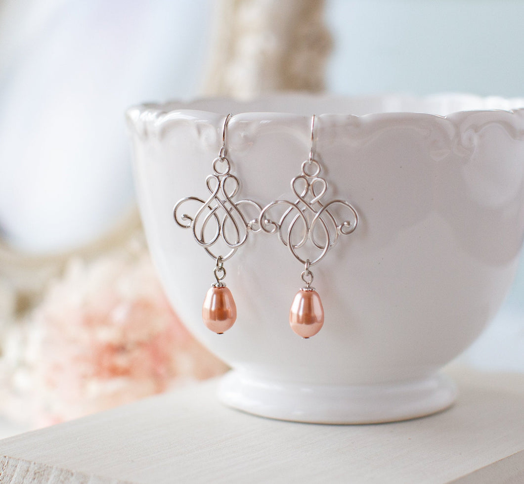 Peach Pearl Silver Dangle Earrings, Peach Wedding Jewelry, Bridesmaid Earrings, Silver Motif filigree Earrings, Gift for women mom daughter