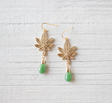 Load image into Gallery viewer, Gold Marijuana Leaf Earrings, Cannabis Earrings, Jade Green Drop Earrings, Weed Leaf Dangle Earrings, Plant Jewelry, Statement Jewelry
