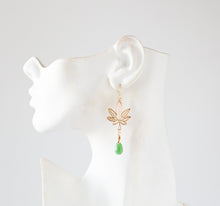 Load image into Gallery viewer, Gold Marijuana Leaf Earrings, Cannabis Earrings, Jade Green Drop Earrings, Weed Leaf Dangle Earrings, Plant Jewelry, Statement Jewelry
