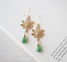 Load image into Gallery viewer, Gold Marijuana Leaf Earrings, Cannabis Earrings, Jade Green Drop Earrings, Weed Leaf Dangle Earrings, Plant Jewelry, Statement Jewelry
