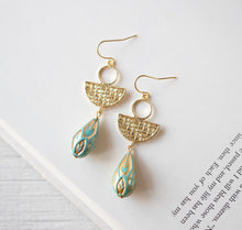 Load image into Gallery viewer, Turquoise Blue Dangle Earrings, Textured Gold Dangle Earrings, Etched Teardrop Blue Bead Earrings, Bohemian Boho Earrings, Gift for Her
