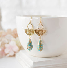 Load image into Gallery viewer, Turquoise Blue Dangle Earrings, Textured Gold Dangle Earrings, Etched Teardrop Blue Bead Earrings, Bohemian Boho Earrings, Gift for Her
