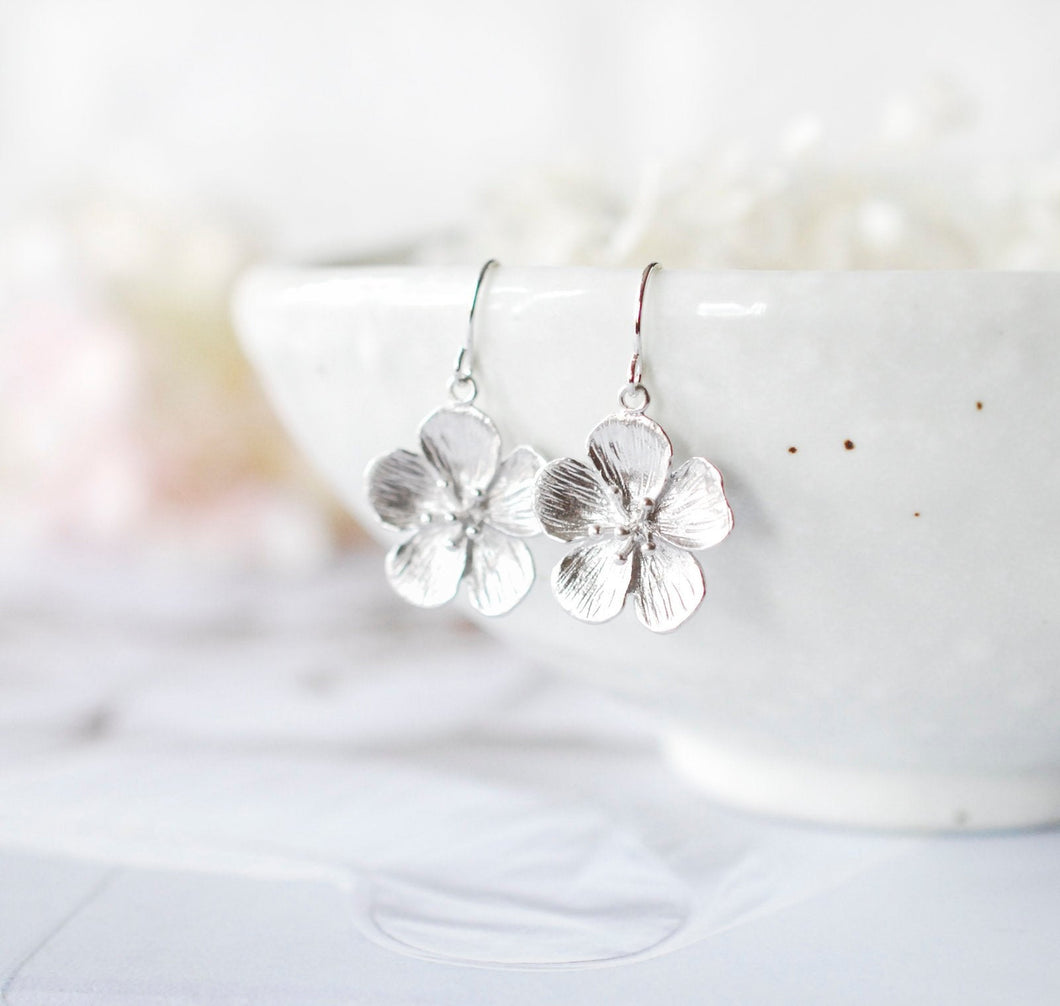 Silver Flower Dangle Earrings, Cherry Blossom Earrings, Bridesmaid Gift, Flower Girl Gift, Christmas Gift for Daughter wife mom girlfriend