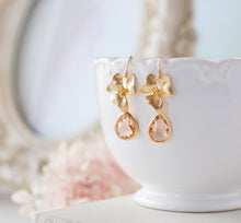 Load image into Gallery viewer, Peach Champagne Teardrop Crystal Gold Orchid Flower Dangle Earrings, Wedding Jewelry, Bridesmaid Earrings, Bridal Party Gift, Gift for Her
