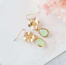 Load image into Gallery viewer, Mint Green Earrings Gold Flower Dangle Earrings, Mint Wedding Jewelry, Bridesmaid Gift, gift for women, gift for her, gift for Daughter Mom
