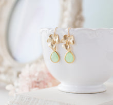 Load image into Gallery viewer, Mint Green Earrings Gold Flower Dangle Earrings, Mint Wedding Jewelry, Bridesmaid Gift, gift for women, gift for her, gift for Daughter Mom
