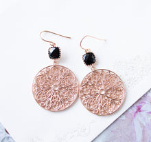 Load image into Gallery viewer, Rose Gold Black Earrings, Round Circle Filigree Earrings, Boho Chic Bohemian Style, Black Dangle Earrings, Gift for girlfriend wife daughter
