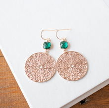 Load image into Gallery viewer, Rose Gold Emerald Green Earrings, Large Round Filigree Earrings, Statement Earrings, May Birthstone Jewelry, Birthday Gift for women girls
