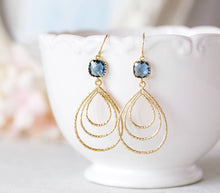 Load image into Gallery viewer, Gold Teardrop Triple Hoop Earrings, Dark Sapphire Earrings, Navy Blue Earrings, Bohemian Jewelry, September Birthstone, Gift for Women
