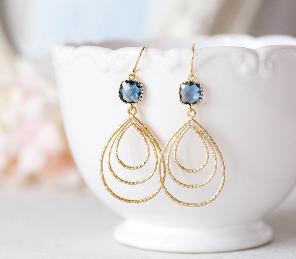 Gold Teardrop Triple Hoop Earrings, Dark Sapphire Earrings, Navy Blue Earrings, Bohemian Jewelry, September Birthstone, Gift for Women