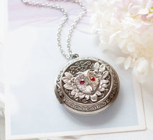 Load image into Gallery viewer, Silver Owl Locket Necklace with January Birthstone Garnet, January Birthday Gift for Her, Victorian Locket, Personalized Photo Locket
