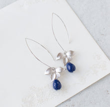 Load image into Gallery viewer, Navy Blue Pearl Drop Earrings, Silver Orchid Flower Earrings, Navy Blue Wedding Jewelry, Bridesmaid Gift, Bridesmaid Earrings, Gift for her
