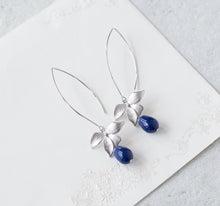 Load image into Gallery viewer, Navy Blue Pearl Drop Earrings, Silver Orchid Flower Earrings, Navy Blue Wedding Jewelry, Bridesmaid Gift, Bridesmaid Earrings, Gift for her
