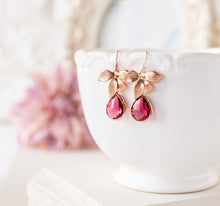 Load image into Gallery viewer, Fuchsia Earrings, Rose Gold Earrings, Pink Ruby Earrings, July Birthstone, July Birthday Gift for Women, Rose gold Jewelry, Gift for Her
