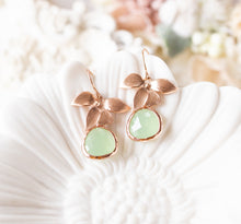 Load image into Gallery viewer, Mint Green Earrings, Rose Gold Earrings, Rose Gold Orchid Flower Blossom Dangle Earrings, Mint Green Wedding Jewelry, Bridesmaid Earrings
