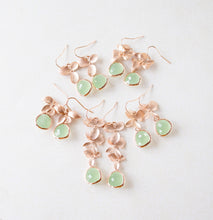 Load image into Gallery viewer, Mint Green Earrings, Rose Gold Earrings, Rose Gold Orchid Flower Blossom Dangle Earrings, Mint Green Wedding Jewelry, Bridesmaid Earrings
