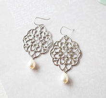 Load image into Gallery viewer, Large Silver Filigree Earrings with Cream White Teardrop Pearls, Bohemian Earrings, Statement Earrings, Gift for Women daughter wife mom
