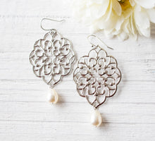 Load image into Gallery viewer, Large Silver Filigree Earrings with Cream White Teardrop Pearls, Bohemian Earrings, Statement Earrings, Gift for Women daughter wife mom
