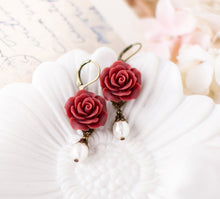 Load image into Gallery viewer, Dark Red Earrings Burgundy Flower Earrings, Cream White Pearl Earrings, Marsala Maroon Wedding Jewelry, Bridesmaid Gift, Vintage Style
