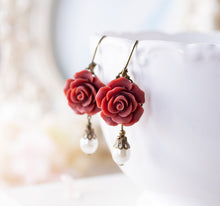 Load image into Gallery viewer, Dark Red Earrings Burgundy Flower Earrings, Cream White Pearl Earrings, Marsala Maroon Wedding Jewelry, Bridesmaid Gift, Vintage Style
