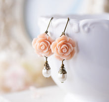 Load image into Gallery viewer, Blush Pink Earrings, Soft Pink Rose Flower Cream White Pearl Dangle Earrings, Blush Wedding Bridesmaid Earrings, Gift for girls Women
