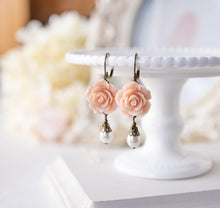 Load image into Gallery viewer, Blush Pink Earrings, Soft Pink Rose Flower Cream White Pearl Dangle Earrings, Blush Wedding Bridesmaid Earrings, Gift for girls Women
