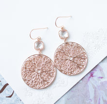 Load image into Gallery viewer, Clear Crystal Earrings, Rose Gold Round Circle Filigree Earrings, Bohemian Jewelry, Bridal Earrings, April Birthstone, Birthday Gift for her
