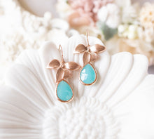 Load image into Gallery viewer, Turquoise Blue Earrings, Rose Gold Orchid Flower Earrings, Turquoise Wedding Jewelry, December Birthstone, Birthday Gift for Women Her
