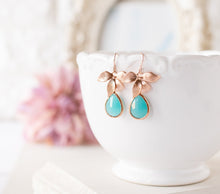 Load image into Gallery viewer, Turquoise Blue Earrings, Rose Gold Orchid Flower Earrings, Turquoise Wedding Jewelry, December Birthstone, Birthday Gift for Women Her
