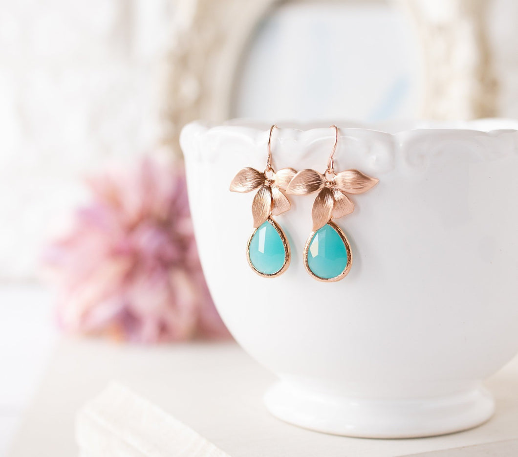 Turquoise Blue Earrings, Rose Gold Orchid Flower Earrings, Turquoise Wedding Jewelry, December Birthstone, Birthday Gift for Women Her