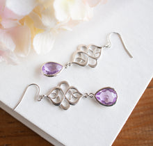 Load image into Gallery viewer, Lilac Lavender earrings, Silver celtic knot Earrings, Violet Purple Earrings, Lilac Wedding Bridesmaid Earrings, birthday Gift for her
