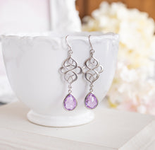 Load image into Gallery viewer, Lilac Lavender earrings, Silver celtic knot Earrings, Violet Purple Earrings, Lilac Wedding Bridesmaid Earrings, birthday Gift for her
