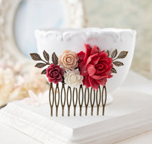 Load image into Gallery viewer, Red Wedding Bridal Hair Comb, Red Peony Dusty Pink Rose Burgundy Ivory Flower Hair Comb, Antiqued Gold leaf, Maid of Honor Bridesmaid Gift
