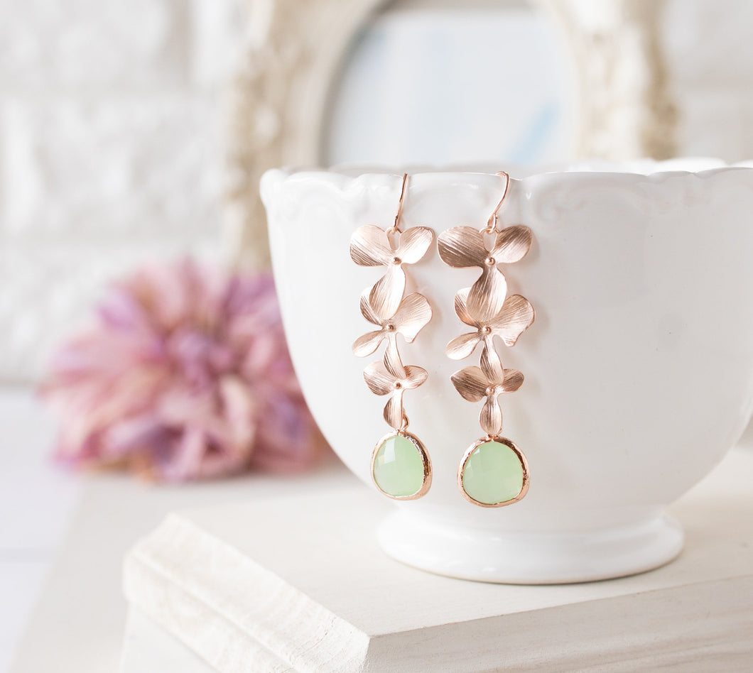 Rose Gold Flower Long Dangle Earrings, Mint Green Earrings, Orchid, Wedding Bridal Earrings, Anniversary Gift Birthday Gift for Women