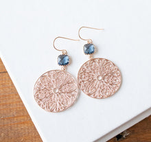 Load image into Gallery viewer, Rose Gold and Navy Blue Earrings, Large Circle Filigree Earrings, Dark Sapphire Montana Blue Earrings, September Birthstone, Gift for her
