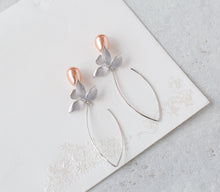 Load image into Gallery viewer, Peach Pearl Drop Earrings, Silver Flower Long Dangle Earrings, Peach Wedding Bridal Earrings, Bridesmaid Gift, Gift for Daughter Wife Mom
