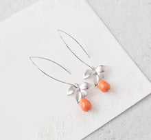 Load image into Gallery viewer, Coral Pearl Earrings, Orange Pearl Earrings, Silver Flower Dangle Earrings, Coral Wedding Bridal Jewelry, Bridesmaid Gift, Gift for Her
