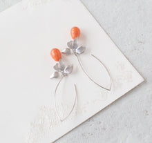 Load image into Gallery viewer, Coral Pearl Earrings, Orange Pearl Earrings, Silver Flower Dangle Earrings, Coral Wedding Bridal Jewelry, Bridesmaid Gift, Gift for Her
