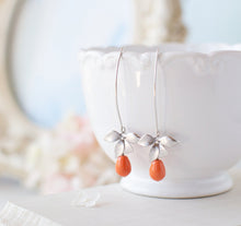 Load image into Gallery viewer, Coral Pearl Earrings, Orange Pearl Earrings, Silver Flower Dangle Earrings, Coral Wedding Bridal Jewelry, Bridesmaid Gift, Gift for Her
