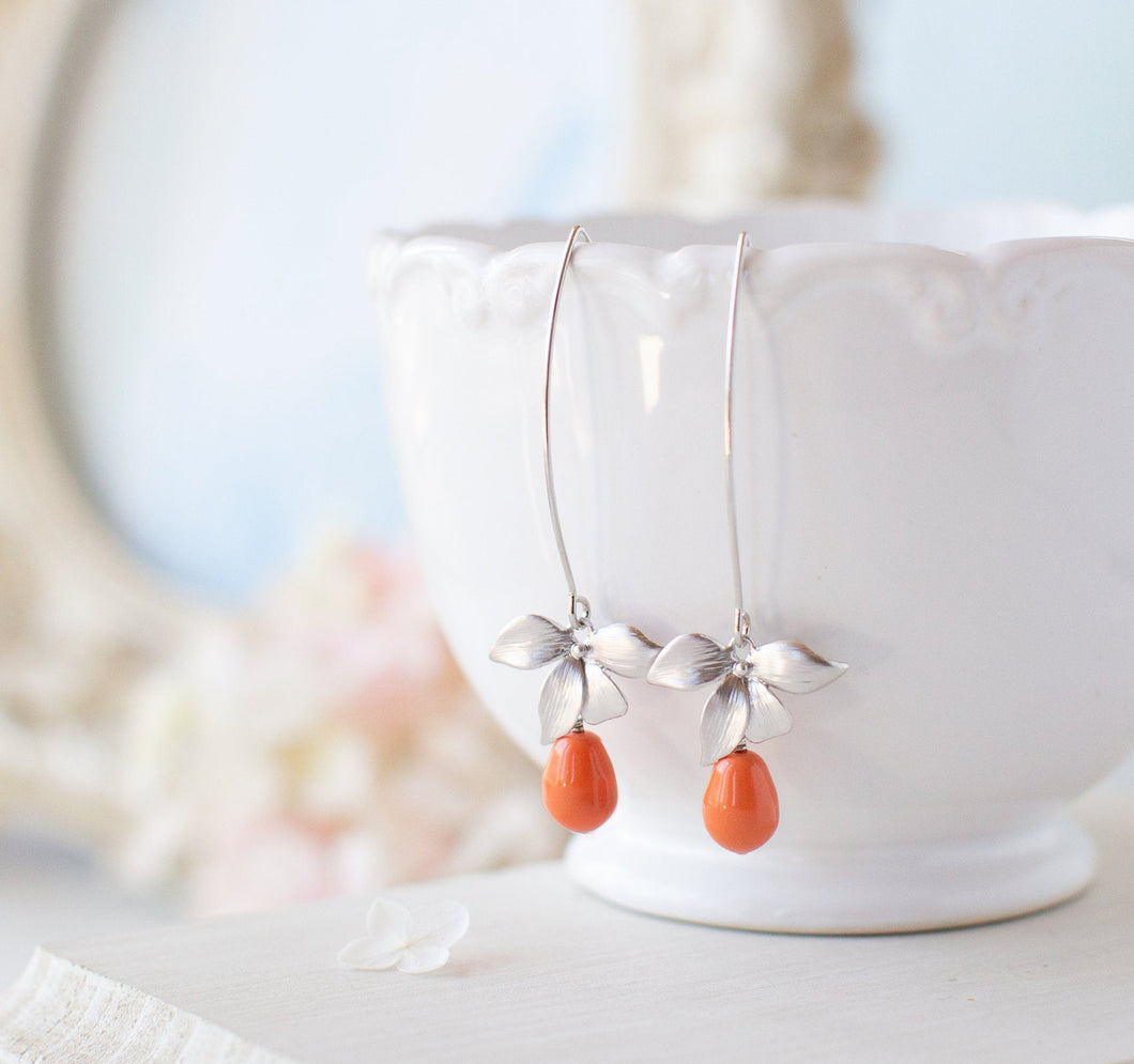 Coral Pearl Earrings, Orange Pearl Earrings, Silver Flower Dangle Earrings, Coral Wedding Bridal Jewelry, Bridesmaid Gift, Gift for Her