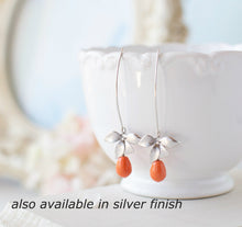 Load image into Gallery viewer, Orange Coral Pearl Earrings, Gold Orchid Flower Dangle Earrings, Coral Wedding Jewelry, Bridesmaid Gift, Gift for Wife Daughter Sister Mom
