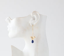 Load image into Gallery viewer, Gold Navy Blue Earrings, Lapis Lazuli Blue Pearl Earrings, Flower Dangle Earrings, Gold Navy Blue Wedding Bridal Bridesmaid Earrings
