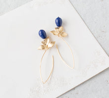 Load image into Gallery viewer, Gold Navy Blue Earrings, Lapis Lazuli Blue Pearl Earrings, Flower Dangle Earrings, Gold Navy Blue Wedding Bridal Bridesmaid Earrings
