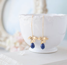 Load image into Gallery viewer, Gold Navy Blue Earrings, Lapis Lazuli Blue Pearl Earrings, Flower Dangle Earrings, Gold Navy Blue Wedding Bridal Bridesmaid Earrings
