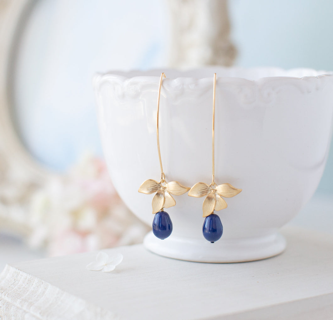 Gold Navy Blue Earrings, Lapis Lazuli Blue Pearl Earrings, Flower Dangle Earrings, Gold Navy Blue Wedding Bridal Bridesmaid Earrings