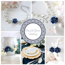 Load image into Gallery viewer, Dark Blue Navy Rose Flower Silver Leaf Branch Cream White Pearl Necklace, Navy Blue Bridal Necklace, Something Blue Wedding Bridesmaid Gift
