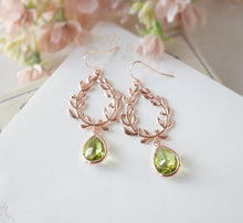 Load image into Gallery viewer, Peridot Green Earrings, Rose Gold Olive Leaf Wreath Earrings, Green Wedding Jewelry, August Birthstone, Bridesmaid Gift, Gift for Her
