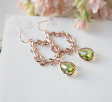 Load image into Gallery viewer, Peridot Green Earrings, Rose Gold Olive Leaf Wreath Earrings, Green Wedding Jewelry, August Birthstone, Bridesmaid Gift, Gift for Her
