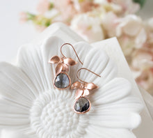 Load image into Gallery viewer, Rose Gold Gray Earrings, Charcoal Smokey Quartz Earrings, Orchid Flower Dangle Earrings, Gray Drop Earrings, Bridesmaid Gift, Gift for Her
