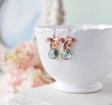 Load image into Gallery viewer, Rose Gold Aquamarine Earrings, Aqua Blue Earrings, Wedding Jewelry, Bridesmaid Gift, March Birthstone, Orchid Flower Earrings, Gift for Her
